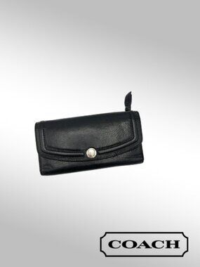 Coach Hampton Trifold Wallet – Black Leather with Silver Hardware